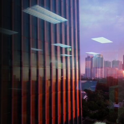 Building with lights shining on it