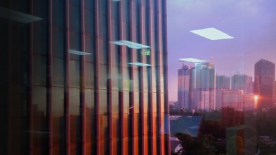Building with lights shining on it
