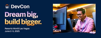 DevCon. "Dream big, build bigger." June 2-5, 2025, Las Vegas. Man at computer smiling.