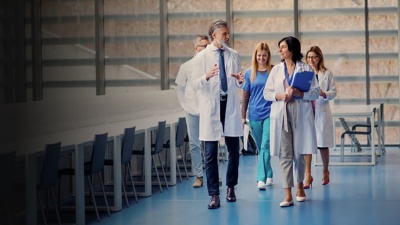 Doctors and other healthcare workers walking and talking