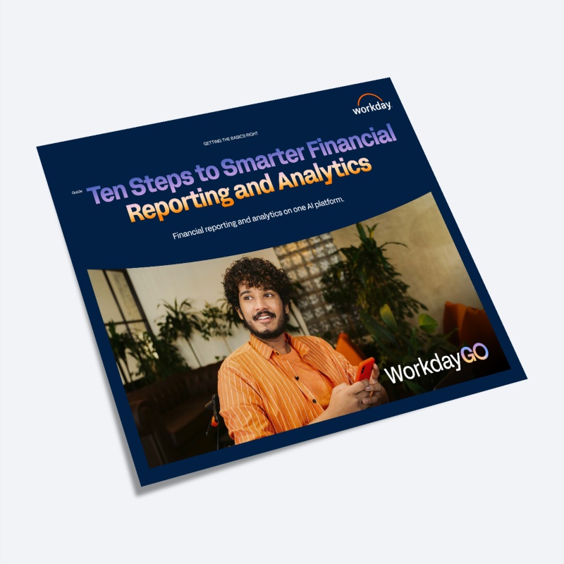 鶹ý guide "Ten Steps to Smarter Financial Reporting and Analytics," with a photo of a person using their phone in an orange shirt.