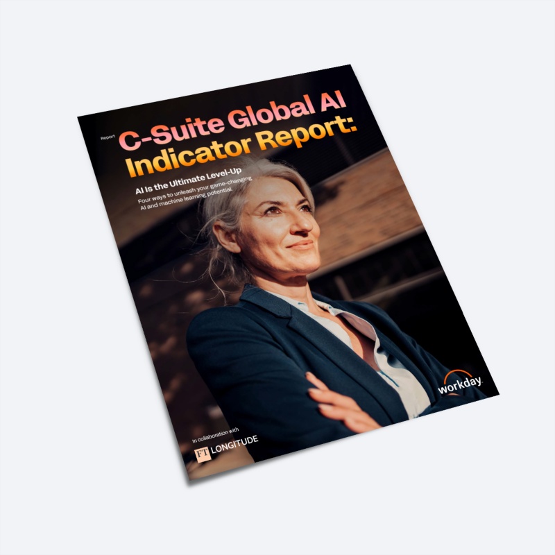 鶹ý and FT Longitude "C-Suite Global AI Indicator Report," with a photo of a professional or executive.