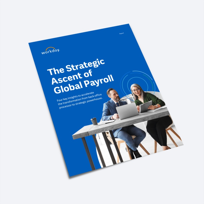 鶹ý report on "The Strategic Ascent of Global Payroll." The cover shows two people collaborating on a laptop.