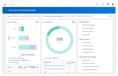 Pay cycle command center dashboard with graphs for audit summary, results status, and accounting summary