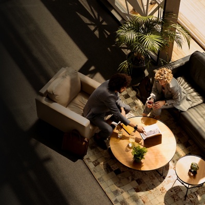 Overhead shot of two colleagues working together