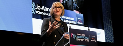 Photo of Workday Managing Director ANZ Jo-Anne Ruhl, speaking on stage at the AFR Workforce Summit