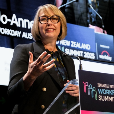 Photo of Workday Managing Director ANZ Jo-Anne Ruhl, speaking on stage at the AFR Workforce Summit