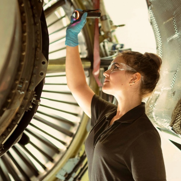 A student engineer working on an aeroplane engine.