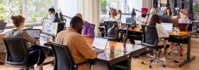 Employees working on laptops in an open office space.