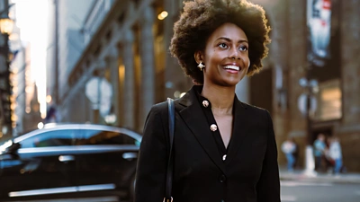 Image of a woman walking in a city with a black car behind her.