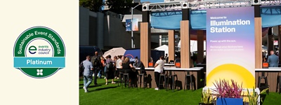 Scene from Workday Rising 2025, and the logo of the Sustainable Event Standards award, with platinum certification