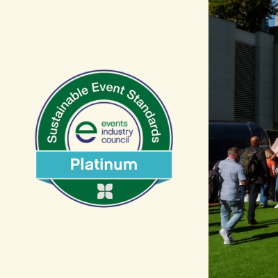 Scene from Workday Rising 2025, and the logo of the Sustainable Event Standards award, with platinum certification