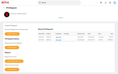 De ݮƵ Extend-app van Netflix toont een lijst met recente PO-aanvragen en opties om aanvragen te maken en zoeken