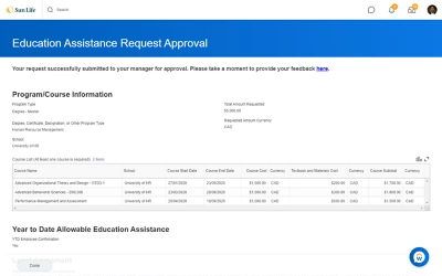 La schermata dellapplicazione Sun Life ݮƵ Extend mostra lelenco delle richieste di approvazione di Education Assistance.