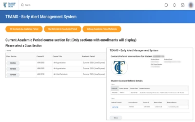 Het scherm van de Tallahassee Community College ݮƵ Extend-app toont een lijst van de vakken van de instructeur en de interventies voor een student