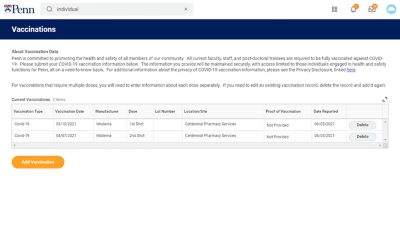 La schermata dellapp UPenn ݮƵ Extend mostra agli utenti un elenco delle vaccinazioni in corso e offre la possibilit di aggiungere una vaccinazione alla propria scheda