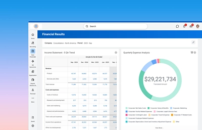 Screenshot of Workday’s financial results dashboard displaying a quarterly income statement trend alongside a breakdown of quarterly expenses by category.