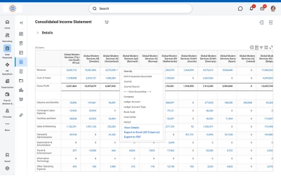 A consolidated income statement showing financial performance by entity, with options to drill into details and export the report.