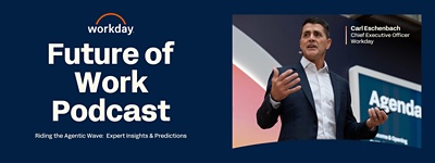 Blog title future of work podcast with image of workday ceo presenting