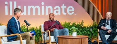 Illuminate text in background with people podcasting