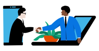 Two men shaking hands through device.