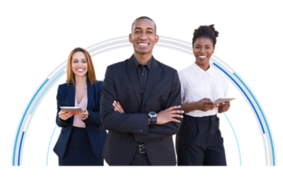 Three professionals looking forward