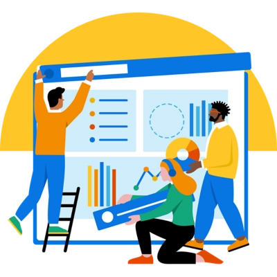 A woman sitting cross-legged and a man holding a pie graph. 