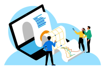 Laptop with data reports rolling out of the screen.