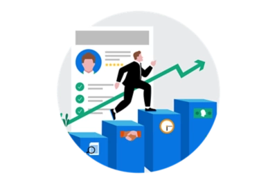 Een illustratie van een man die een trap oploopt