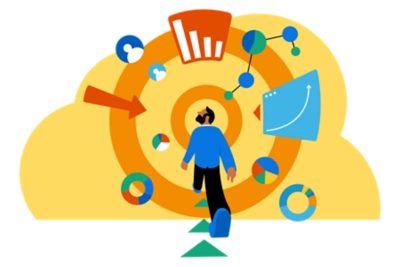 Man walking through data