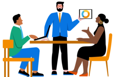 Three people at a desk looking at a tablet.