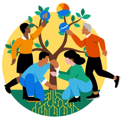 People looking at insights rooted through technology.