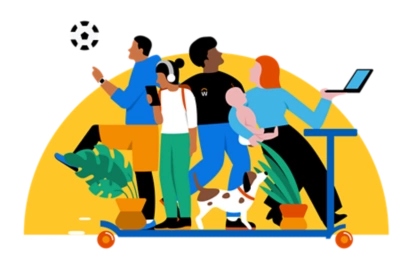 キックボード、働く人々、サッカーボールの画像