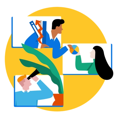 Three people in squares passing data.