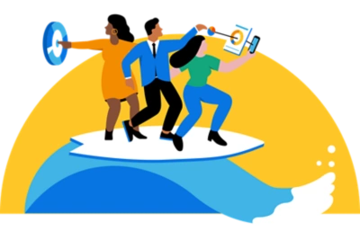 Three people on a wave looking at devices.