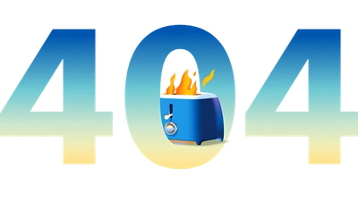 Image of 404 with a burning toaster instead of the number 0. 