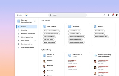 Time and absence dashboard showing time-off balances and time analysis.