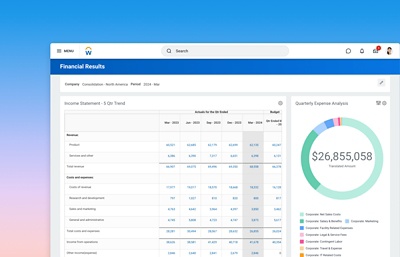 Financial accounting results dashboard showing income statement and quarterly expense analysis.