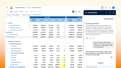 Workday Adaptive Planning interface featuring the Planning Agent, an AI assistant providing real-time data insights and automated variance analysis.