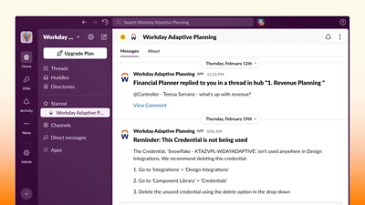 Workday Adaptive Planning integration with Slack and Microsoft Teams, showing real-time notifications and critical updates delivered directly in the flow of work.