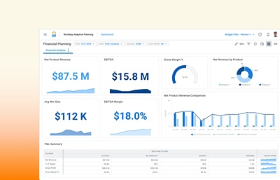 Screenshot of Analytics and Reporting Financial Analysis dashboard, showing data tables featuring Net Product Revenue, Average Win Size, Gross Margin and more.