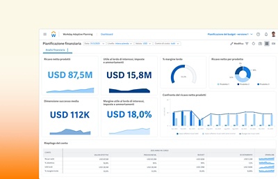 Discovery board di dati e analisi finanziari con grafici di tendenze del fatturato per linea di prodotto e del fatturato per cliente.