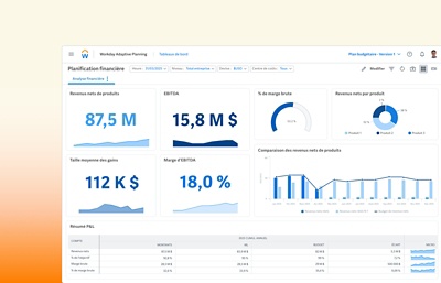 Capture d'cran du tableau de bord d'analyse financire Budget et prvisionnel prsentant des tableaux de donnes sur les revenus nets des produits, la taille moyenne des gains, la marge brute, etc.