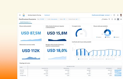 Schermata del dashboard di pianificazione del budget e previsione che mostra tabelle di dati con ricavi netti sui prodotti, margine di profitto medio, margine lordo e altro ancora.