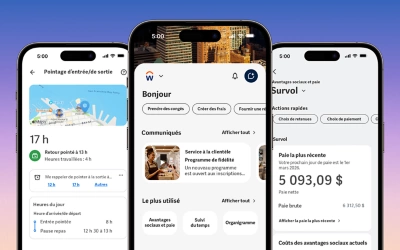 Capture d����cran prise depuis un t��l��phone intelligent montrant le ��ݮ��Ƶ Home Hub et les fonctionnalit��s ??Pointage �� l'arriv��e?? et ??Pointage �� la sortie??. L��interface affiche un grand bouton bien visible pour le suivi des heures, accompagn�� d��un aper?u du statut de quart de travail actuel de l��utilisateur et de ses t?ches �� venir.