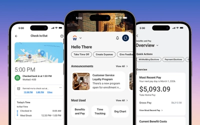 Mobile smartphone screenshot of the Workday Home Hub showing the "Check In" and "Check Out" feature. The interface displays a large, prominent button for time tracking alongside an overview of the user's current shift status and upcoming tasks.