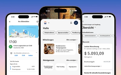 Screenshot des Workday Home-Hub auf einem Smartphone mit dem Feature „Anmelden“ und „Abmelden“. Die Oberfläche zeigt eine große, gut sichtbare Schaltfläche zur Zeiterfassung sowie eine Übersicht über den aktuellen Schichtstatus und die anstehenden Aufgaben des Anwenders.