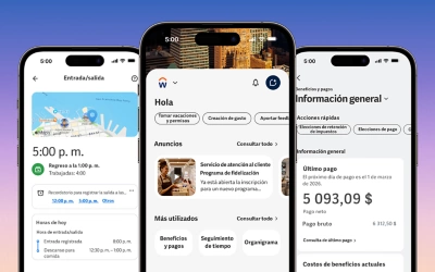Captura de pantalla de tel��fono m��vil con ��ݮ��Ƶ Home Hub que muestra la funcionalidad de fichar. La interfaz muestra un bot��n grande y destacado para la gesti��n de control de tiempos, junto con una descripci��n general del estado del turno actual del usuario y las tareas pendientes.