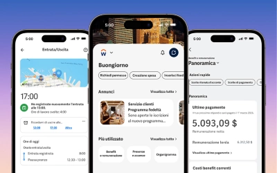 Screenshot smartphone della home page di Workday con le funzionalità di "Entrata" e "Uscita". L'interfaccia mostra un pulsante grande e visibile per la rilevazione di presenze e assenze, insieme a una panoramica dello stato attuale del turno dell'utente e delle attività imminenti.