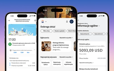 Zrzut ekranu smartfona pokazujący Workday Home Hub z funkcją umożliwiającą rejestrację czasu rozpoczęcia i zakończenia pracy. Interfejs wyświetla duży, widoczny przycisk do śledzenia czasu. Obok znajduje się przegląd aktualnego statusu zmiany użytkownika i nadchodzących zadań.